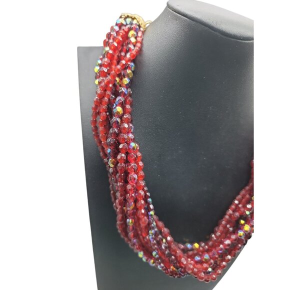 Vtg Red Multi-Strand Necklace Torsade Choker Small Beaded Simulated Crystals 20" - Picture 5 of 8